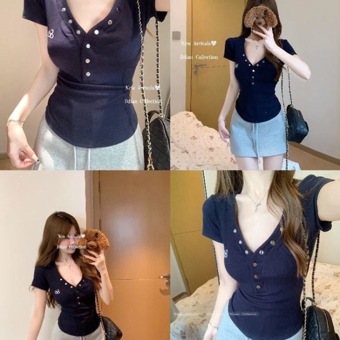 Áo Thun Nữ Cổ Chữ V Nút Mỹ Retro, Mỏng Nhẹ Phù Hợp Mùa Hè