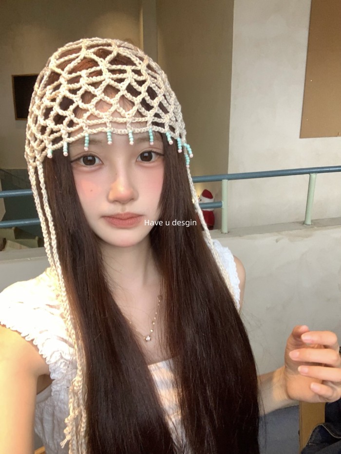 Mũ dệt kim phong cách dân tộc với chiếc tua rua sáng tạo, thoáng mát dành cho mùa hè