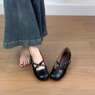 7cm Nhỏ Bên Trong Chiều Cao Tăng Thu Đông Phong Cách Mới Giày Nữ Retro Nâu Nông Miệng Dày Gót Cao Mary Jane Giày Da Nhỏ
