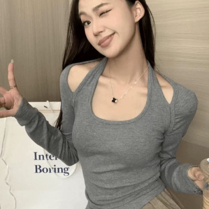 Áo thun giả dài tay hai mảnh dành cho nữ, áo ngắn giảm béo mùa xuân thu, áo sơ mi cổ yếm thời trang