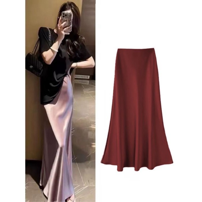 Lan ~ Pháp Tính Khí Váy Satin Acetate Xuân Hè Đuôi Cá Eo Túi Hông Váy Dài Drape Váy Cao Cấp