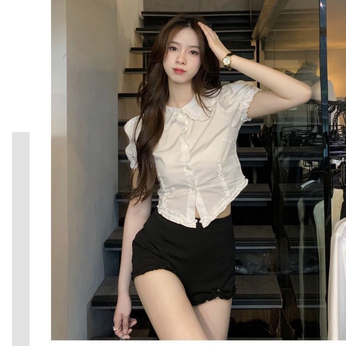 Retro Tay Phồng Cổ Búp Bê Áo Sơ Mi Nữ Mùa Hè Nấm Tay Ngắn Áo Trắng
