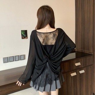 Plus Size Nữ Mùa Hè Áo Voan Dài Tay Giảm Béo Che Bụng Phối Ren Khâu Dây Áo
