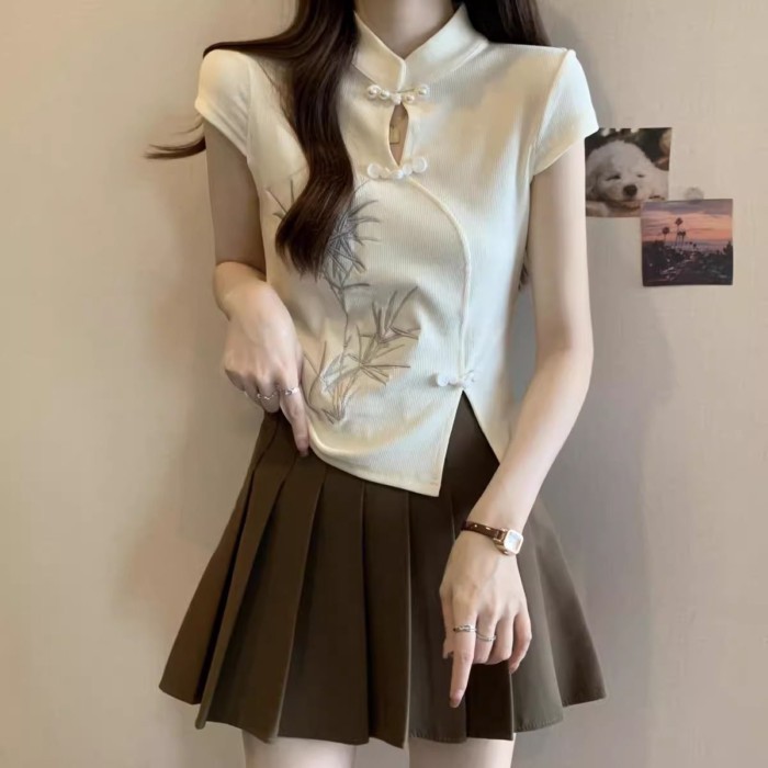 phong cách quốc gia dành cho nữ phong cách mới phong cách Trung Hoa mới cổ đứng đính nút áo thun
