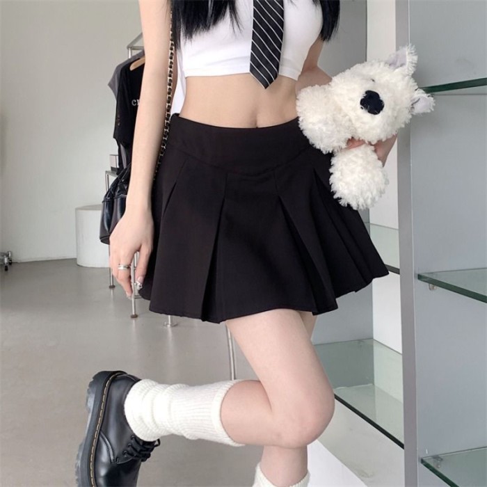 Váy xếp ly màu xám cổ điển Mỹ dành cho nữ mùa hè Váy ngắn chữ A chống lộ mới