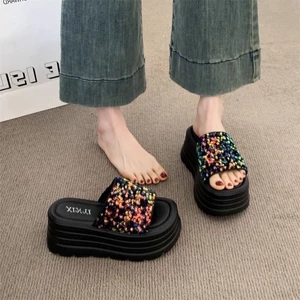 Giày sandal tăng chiều cao đế dày đính sequin cho nữ đi chơi mùa hè dép đa năng thời trang