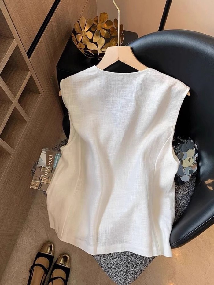 Áo vest cổ chữ V thêu đính cườm nặng đơn giản dành cho nữ mùa hè khí chất áo vest không tay bằng vả