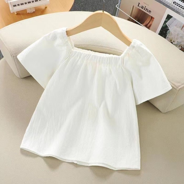 Áo sơ mi búp bê ngắn tay bé gái mùa hè mới bé gái thời trang áo trẻ em trung niên cổ vuông áo sơ