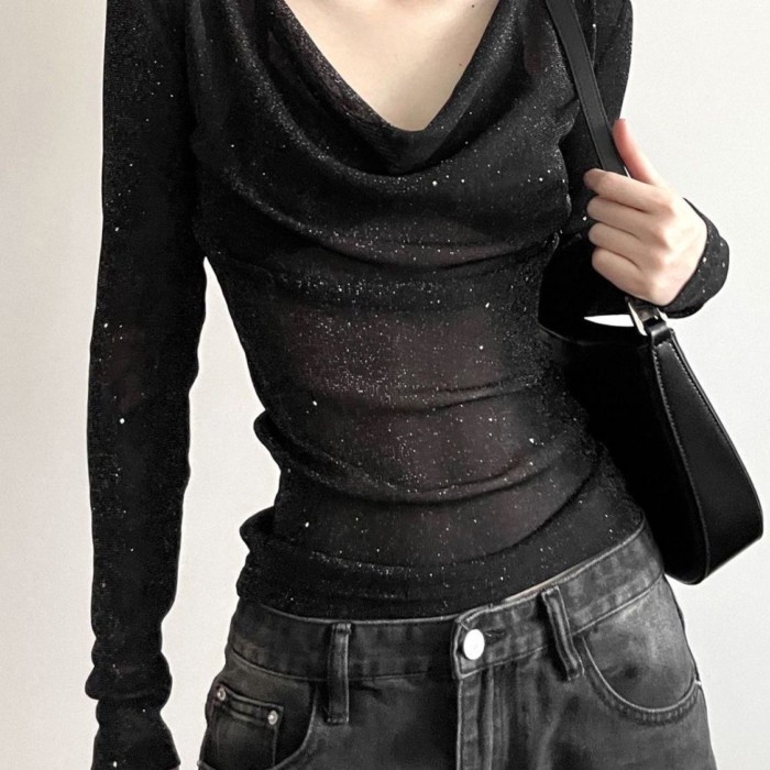 Áo thun dài tay cổ chữ V đính sequin độc đáo và tinh tế thời trang nữ hơi trong mờ Slim Fit Top