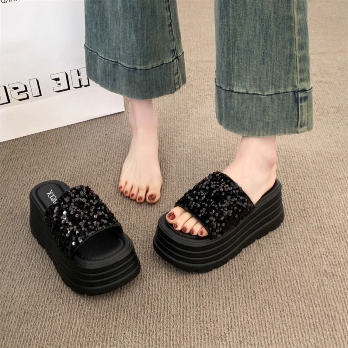 Giày sandal tăng chiều cao đế dày đính sequin cho nữ đi chơi mùa hè dép đa năng thời trang