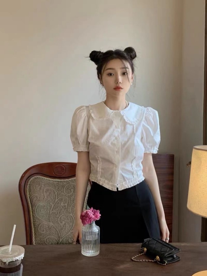 Retro Tay Phồng Cổ Búp Bê Áo Sơ Mi Nữ Mùa Hè Nấm Tay Ngắn Áo Trắng