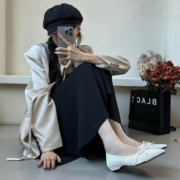Buổi tối buổi tối muỗng giày nông miệng đi làm của phụ nữ mũi nhọn nơ giày đậu giày đơn