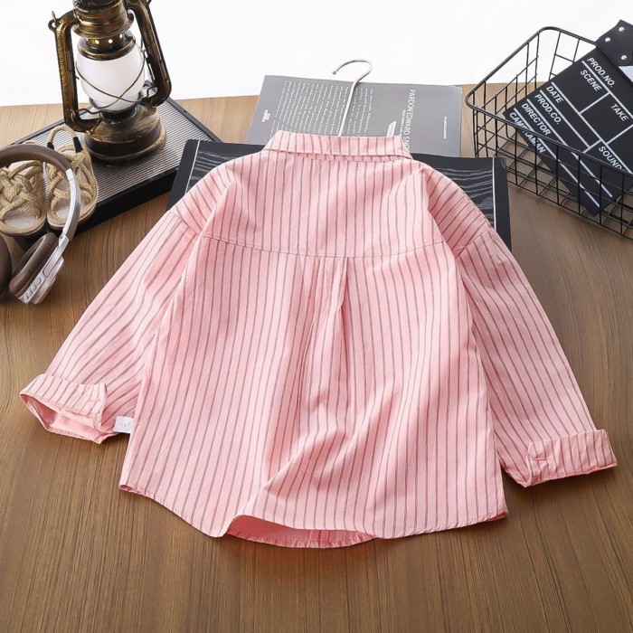 Áo Sơ Mi Và Áo Khoác Bé Gái Xuân Thu Mới Trẻ Em Áo Sơ Mi Sọc Casual Áo Dài Tay Phong Cách Màu Hồn