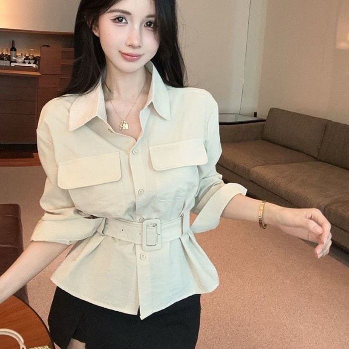 Retro sang trọng cao cấp cổ POLO ba phần tư tay áo sơ mi ôm dành cho nữ thiết kế xuân thu eo