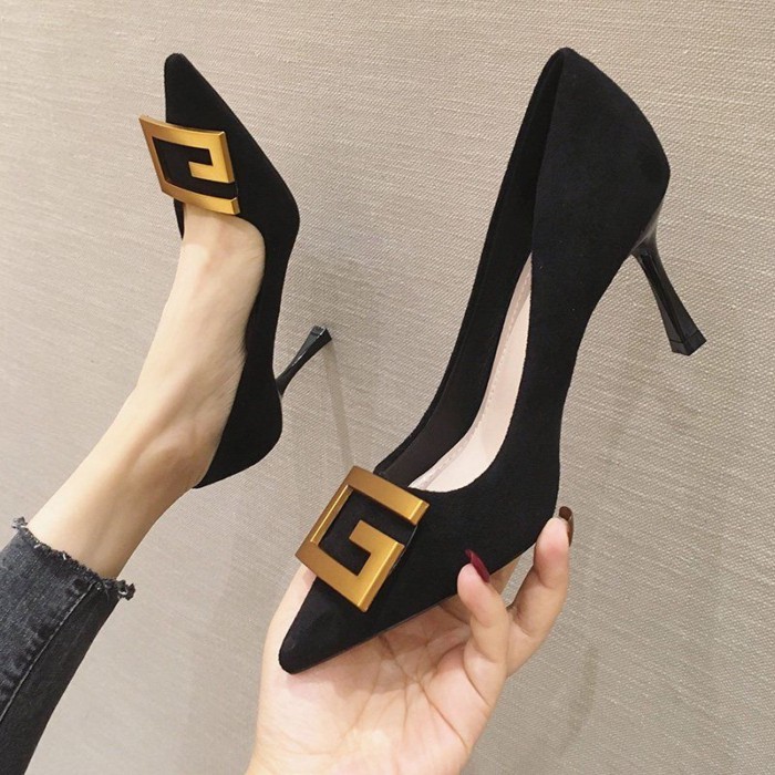 Mùa Hè Pháp Nhỏ Màu Đen Giày Công Sở Mũi Nhọn Giày Cao Gót Nữ Đế Giữa Gót Giày Đơn Dành Cho Nữ