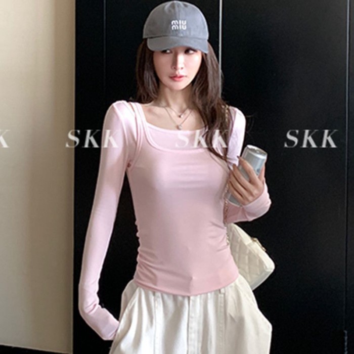 Áo thun ngắn tay ngắn cotton nguyên chất phong cách mùa thu mới Áo hai dây giả giảm béo cho nữ