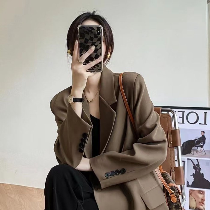 Áo blazer dáng dài thông thường dành cho nữ, áo khoác dáng rộng qua đầu gối