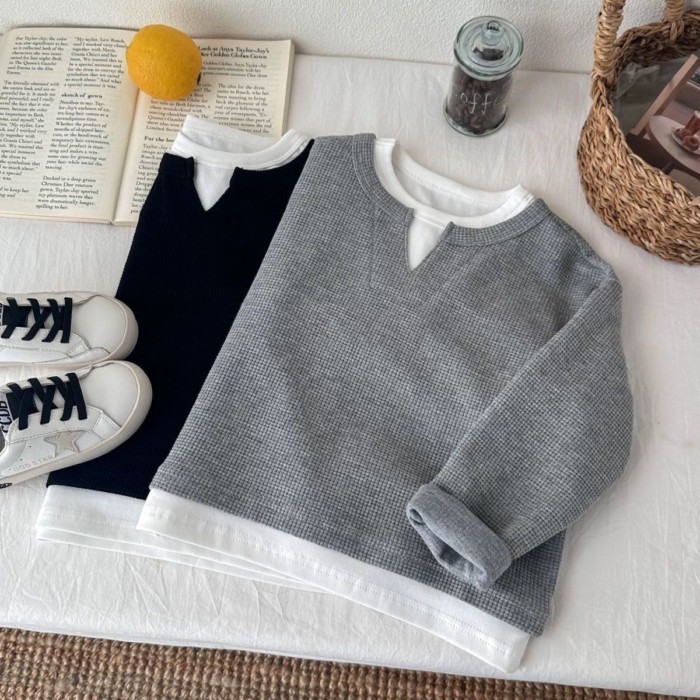 bé trai bánh quế dài tay thu đông bé trai áo thun nguyên chất cotton áo đẹp trai giả hai dây áo