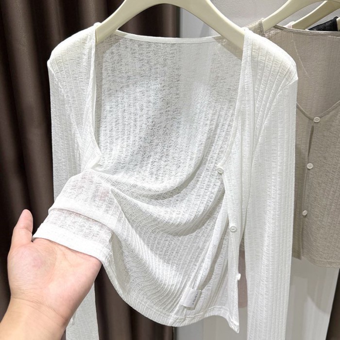 băng lụa hoa sợi dệt kim áo cardigan mùa hè của phụ nữ váy treo kèm khăn choàng vải tuyn rỗng áo