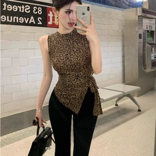 Áo Yếm In Họa Tiết Da Báo Không Tay Mùa Hè Thiết Kế Quai Mới Không Đều Slim Fit Top