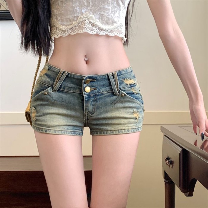 Quần Short Denim Retro Phong Cách Mỹ với Nơ Thêu và Eo Thấp - Chất Liệu Mỏng Lегг Mùa Hè