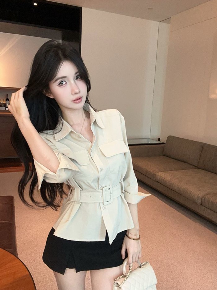 Retro sang trọng cao cấp cổ POLO ba phần tư tay áo sơ mi ôm dành cho nữ thiết kế xuân thu eo