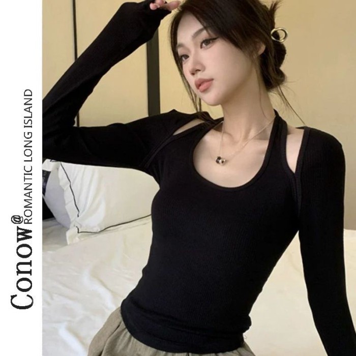Áo thun giả dài tay hai mảnh dành cho nữ, áo ngắn giảm béo mùa xuân thu, áo sơ mi cổ yếm thời trang