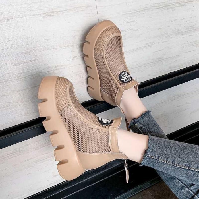 Mùa Hè Lưới Thoáng Khí Bánh Xốp Đế Dày Tăng Chiều Cao Mỏng Ngắn Giày Bốt Martin Rỗng Lưới Giày