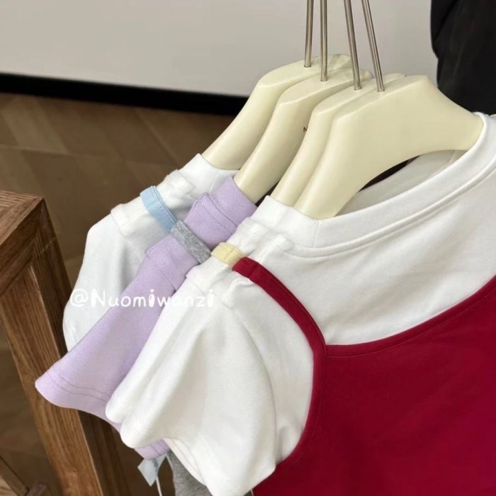 Bé Gái Mùa Hè Mới Phong Cách Hàn Quốc Giả Hai Mảnh Áo Phông Cotton Đa Năng Thời Trang Cho Bé Gái
