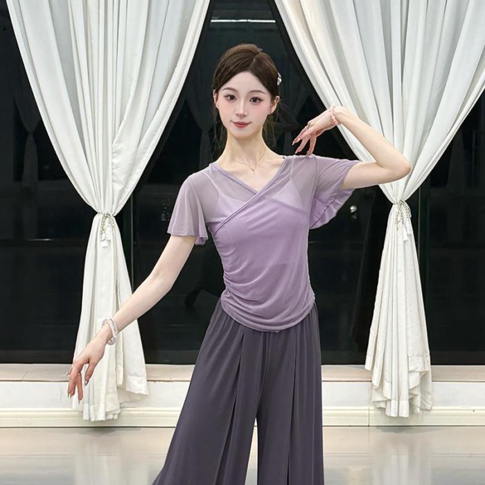 Áo thun yoga ngắn tay nữ lưới tập múa Trung Quốc múa cổ điển múa hiện đại biểu diễn múa giảm béo