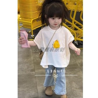 Áo thun ngắn trước và sau dài cho bé gái in hình hoạt hình ngắn tay mùa hè dành cho trẻ em Hàn Quốc