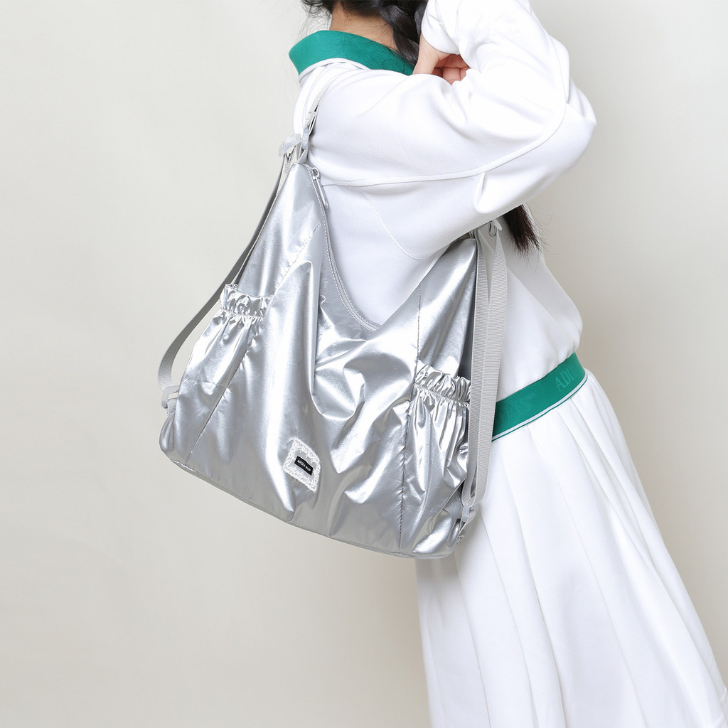 Túi Tote Bạc Nylon Nữ Mùa Hè Phong Cách Hàn Quốc, Đeo Vai Đôi, Túi Kép