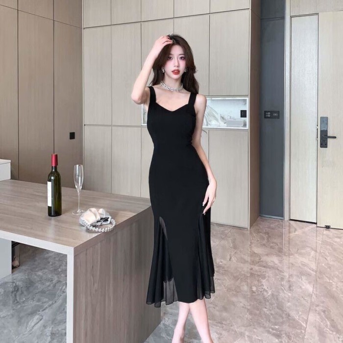 Phong cách Pháp retro treo cao cấp nhỏ váy đen nối lưới giảm béo khí chất người nổi tiếng váy dà