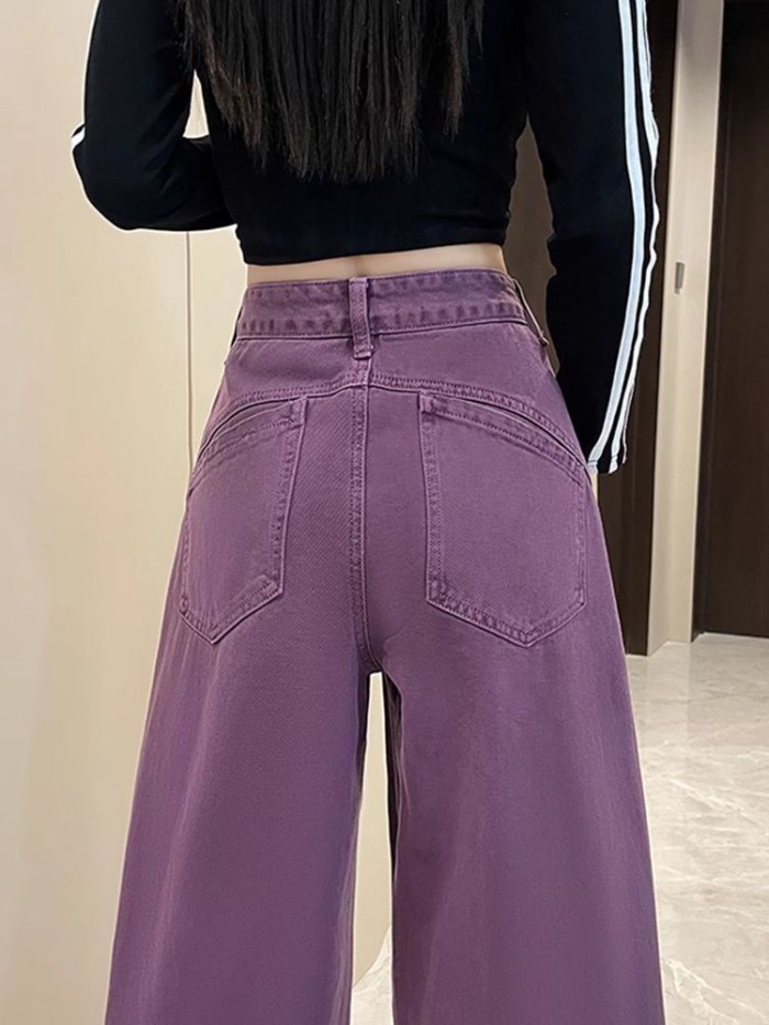 Quần Jeans ống rộng màu tím cho nữ mùa đông kiểu dáng mới Slim, thời trang và rộng rãi