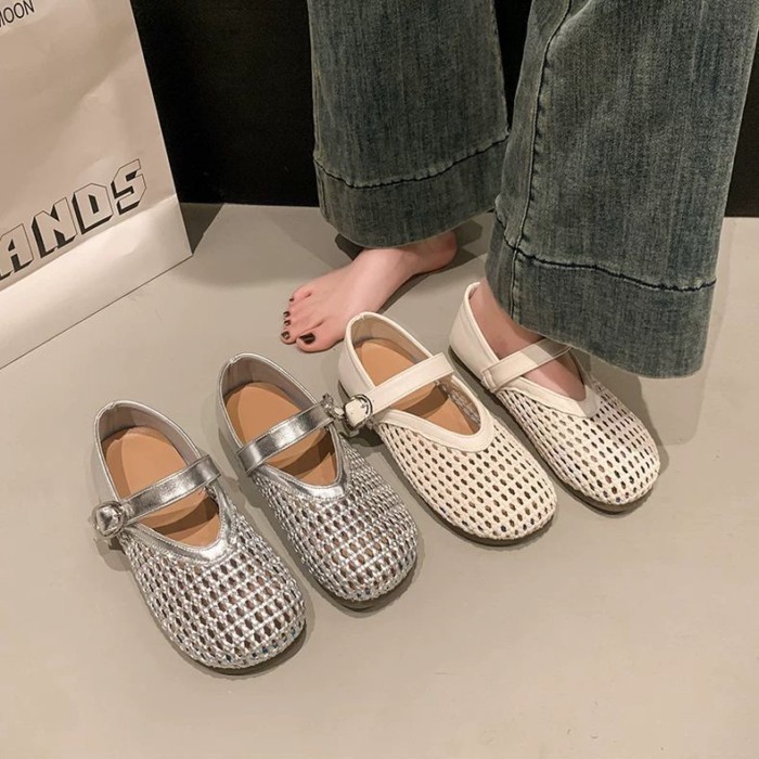Giày Mary Jane Nữ Đế Bằng Mềm Dây Lưới Dệt Lưới Cá Giày Xăng Đan
