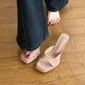 Giày cao gót đế xuồng chống thấm nước màu nude dành cho nữ, đồ mùa hè mới, giày lười đẹp, sandal hở