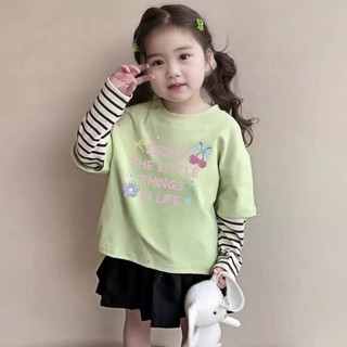 Bé Gái Xuân Thu Nguyên Chất Cotton Dài Tay Trẻ Em In Chữ Sọc Bên Ngoài Mặc Giả Hai Dây