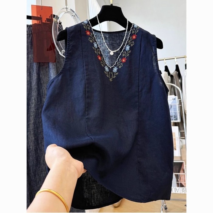 phong cách Trung Quốc mới retro công nghiệp nặng thêu phong cách dân tộc vest cho phụ nữ mùa hè