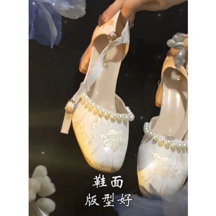 Với sườn xám và ngọc trai, giày cao gót nhẹ nhàng, giày nữ đế dày cổ điển đa năng Mary Jane