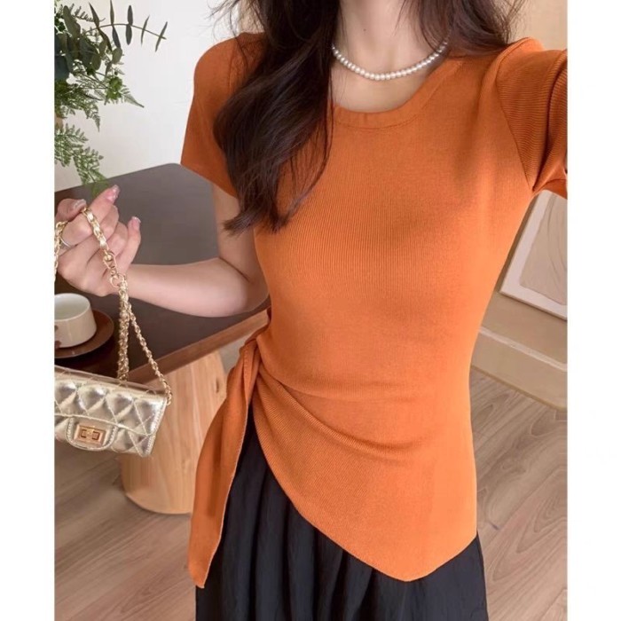 Áo Phông Nữ Tay Ngắn Không Đều Sang Trọng Mùa Hè Mới Slim Fit Thắt Nơ Cổ Tròn Dệt Kim Chia Top