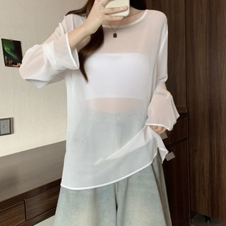 Plus Size Nữ Mùa Hè Áo Voan Dài Tay Giảm Béo Che Bụng Phối Ren Khâu Dây Áo