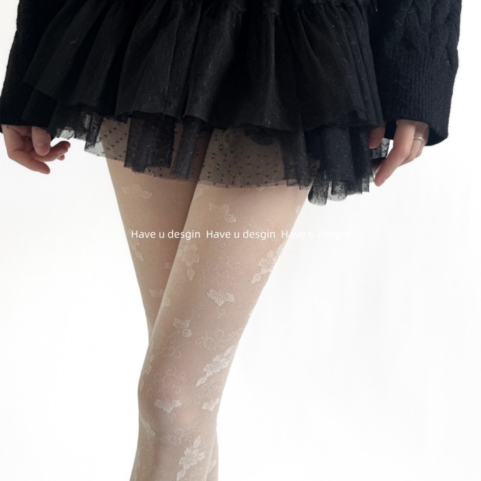 Vớ Mỏng Retro Jacquard Trong Suốt Thịt Trắng Nguyên Chất và Quần Legging Đen Họa Tiết Tối Gợi Cảm