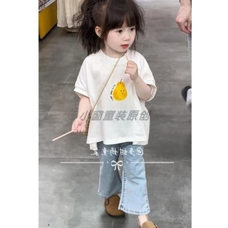 Áo thun ngắn trước và sau dài cho bé gái in hình hoạt hình ngắn tay mùa hè dành cho trẻ em Hàn Quốc