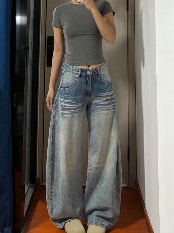 Phong cách retro mùa thu thêu râu mèo đã giặt Mỹ quần jeans ống đứng dáng rộng eo thấp thon gọn tha