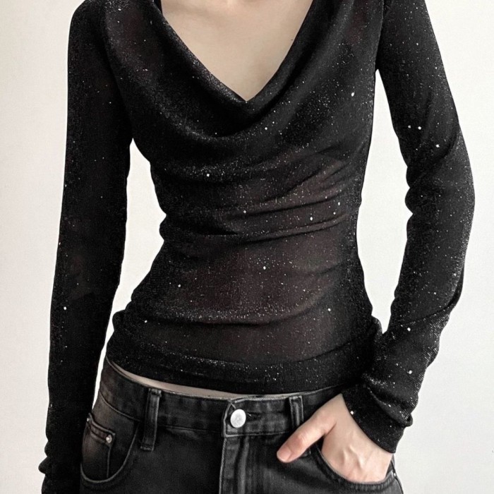 Áo thun dài tay cổ chữ V đính sequin độc đáo và tinh tế thời trang nữ hơi trong mờ Slim Fit Top