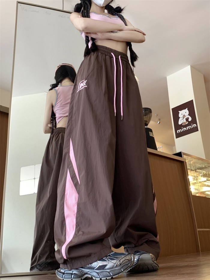 Quần ống rộng phối Mỹ cho nữ, dây rút lưng cao, dáng rộng, giản dị, đa năng, giảm béo, quần thể tha