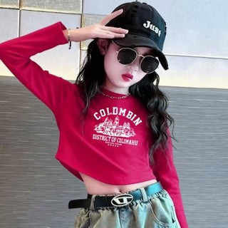 Áo thun ngắn tay ngắn tay cotton nguyên chất mùa xuân thu trẻ em áo phông đỏ thời trang cho bé gái