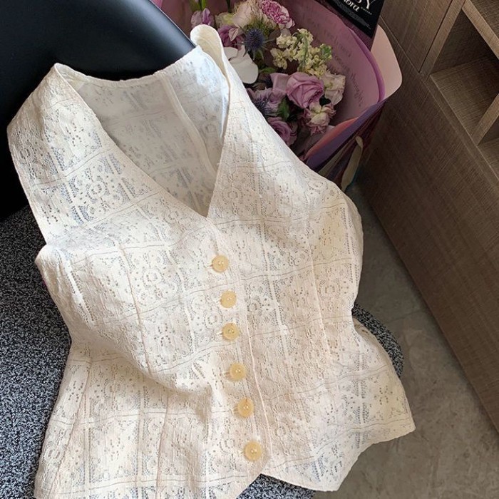 Áo vest ren rỗng mùa xuân hè kiểu Pháp dành cho nữ khí chất cao cấp, áo vest mỏng không tay đa năng