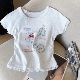 Áo thun ngắn tay phối ren hình mèo con ngọt ngào dễ thương cho nữ mùa hè, áo thun ngắn tay dáng ôm