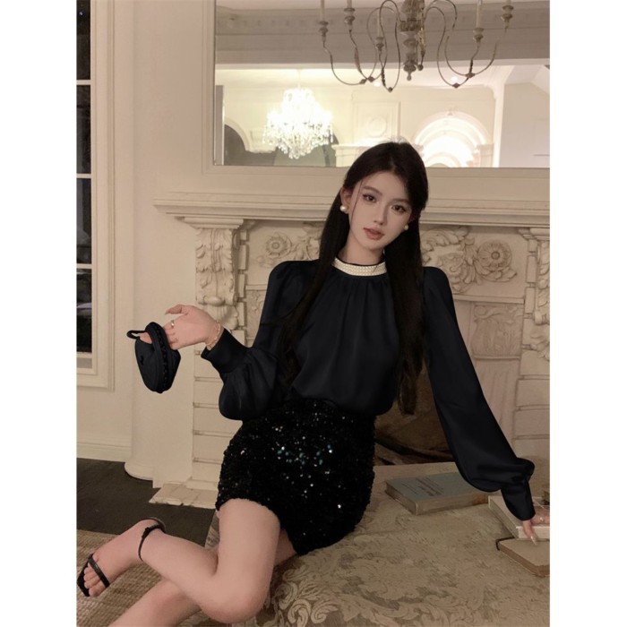 Áo sơ mi satin tay phồng dành cho nữ Áo cổ lọ nửa cổ có áo bên trong